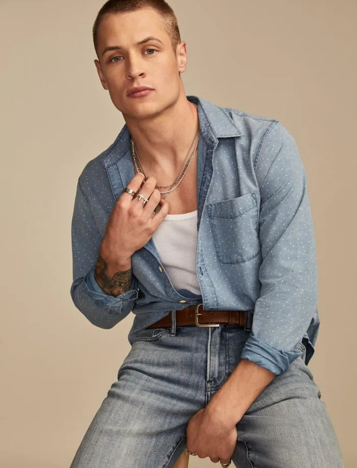 Lucky Brand Shirts and Tops Men Printed Poplin Long Sleeve Shirt Indigo Print