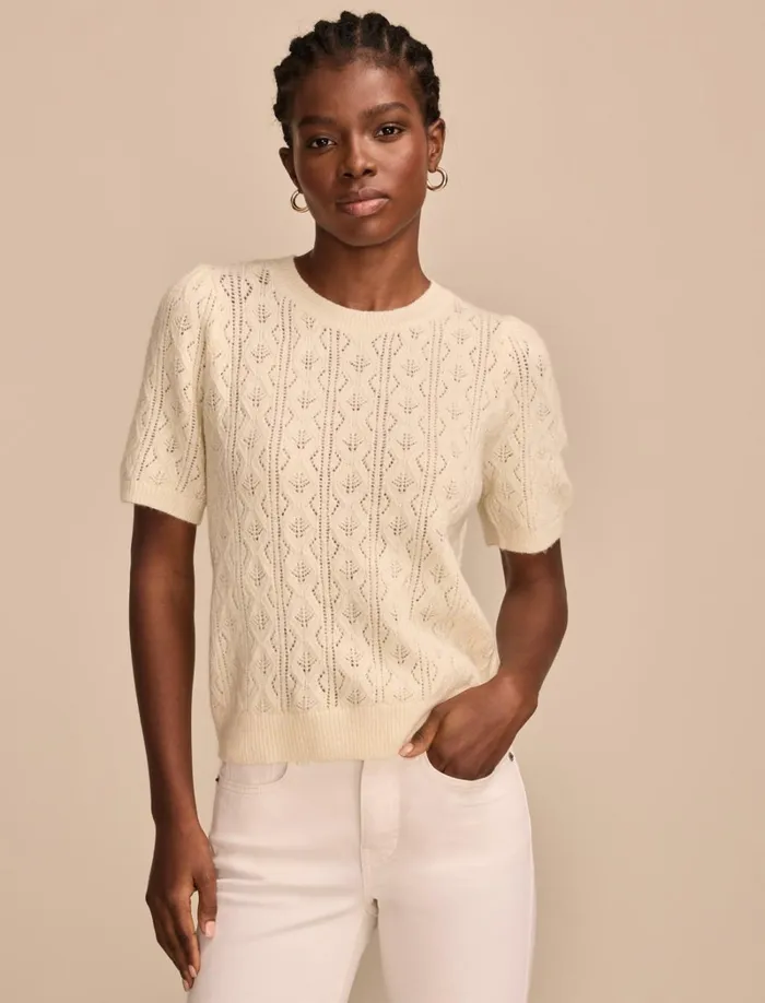 Lucky Brand Sweaters and Sweatshirts Women Puff Sleeve Pointelle Sweater Tee Turtledove