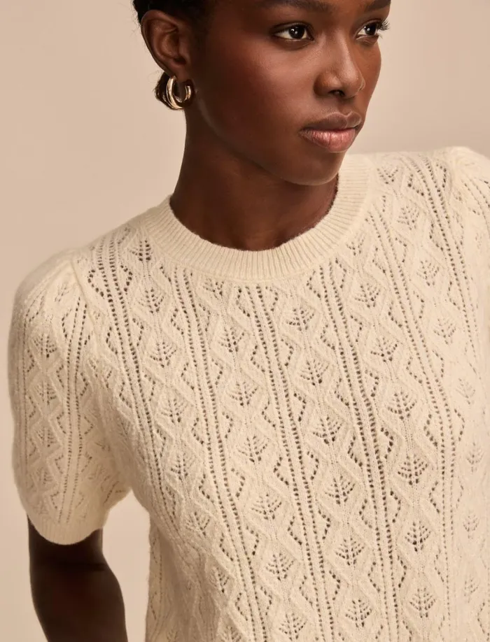 Lucky Brand Sweaters and Sweatshirts Women Puff Sleeve Pointelle Sweater Tee Turtledove