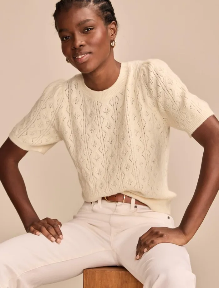 Lucky Brand Sweaters and Sweatshirts Women Puff Sleeve Pointelle Sweater Tee Turtledove
