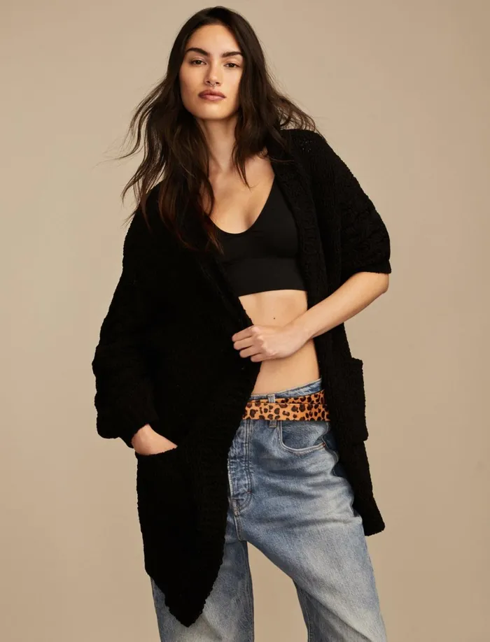 Lucky Brand Sweaters and Sweatshirts Women Textured Sleeve Cardigan 001 Black