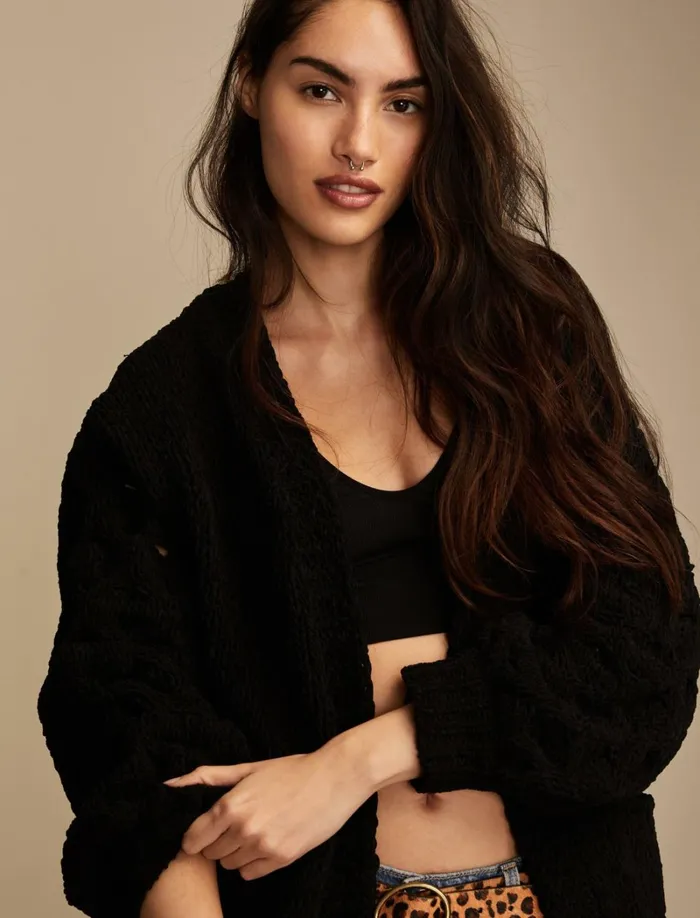 Lucky Brand Sweaters and Sweatshirts Women Textured Sleeve Cardigan 001 Black