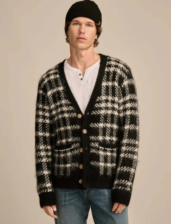 Lucky Brand Sweaters Men Jacquard Brushed Cardigan Black Combo
