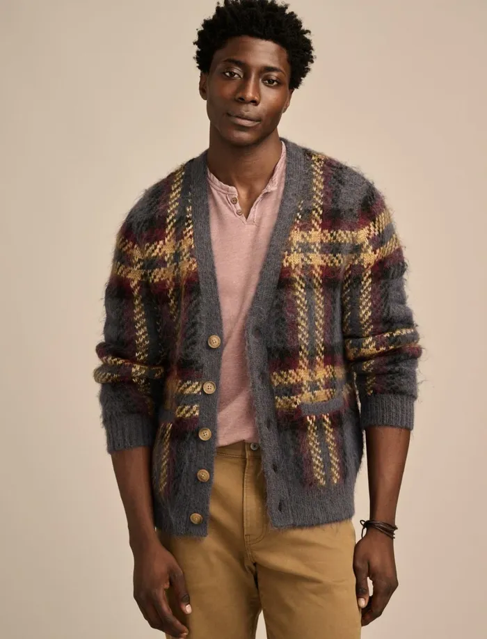 Lucky Brand Sweaters Men Jacquard Brushed Cardigan Denim Multi
