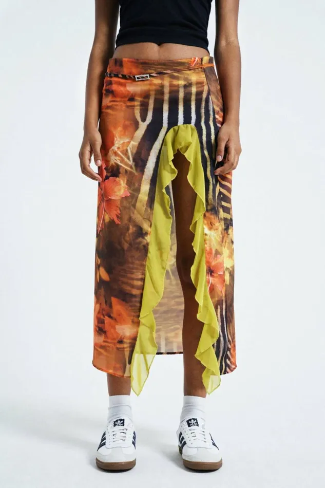 MARIE PRINT SPLIT MAXI SKIRT IN ORANGE Orange Women Jaded London Skirts