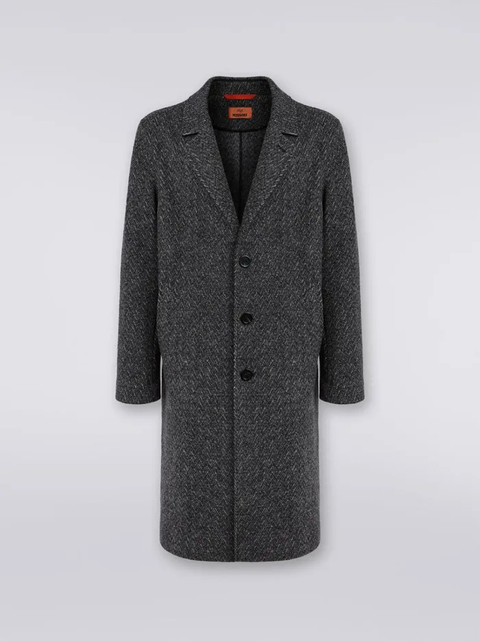 Men Boiled Wool Herringbone Coat Black Missoni Coats and Jackets