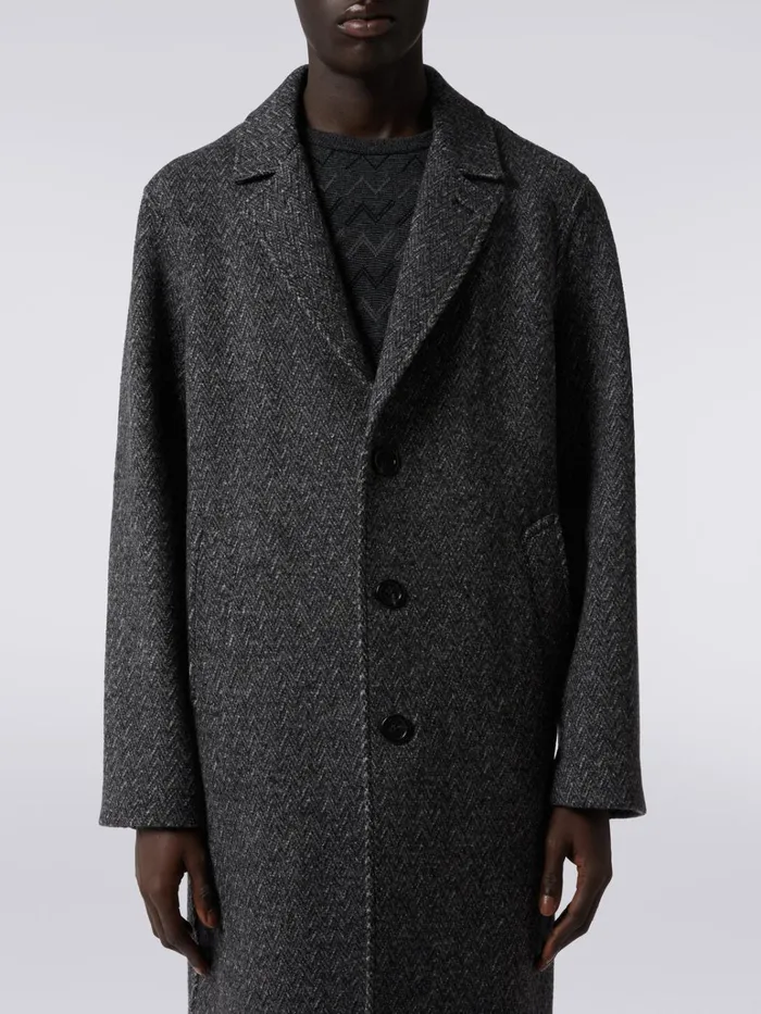 Men Boiled Wool Herringbone Coat Black Missoni Coats and Jackets