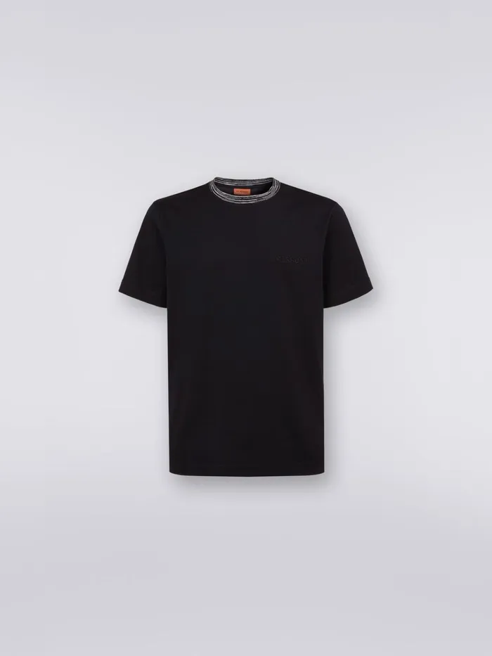 Men CrewNeck Cotton TShirt With Contrasting Detail And Logo Lettering Black Missoni Polos and Tshirts