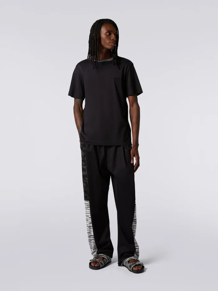Men CrewNeck Cotton TShirt With Contrasting Detail And Logo Lettering Black Missoni Polos and Tshirts