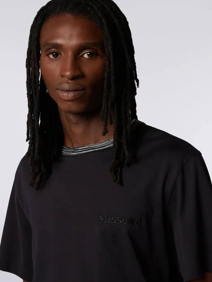 Men CrewNeck Cotton TShirt With Contrasting Detail And Logo Lettering Black Missoni Polos and Tshirts