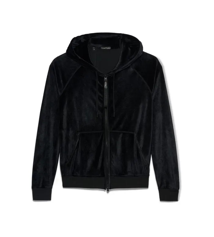 Men Knitwear Tom Ford Fluid Modal Velour Hood Zip Through Black