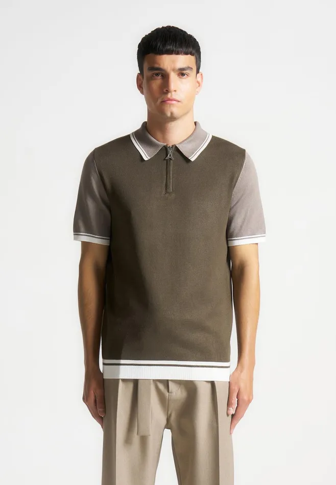 Men Manire De Voir Colour Block Zip Polo Shirt Khaki
