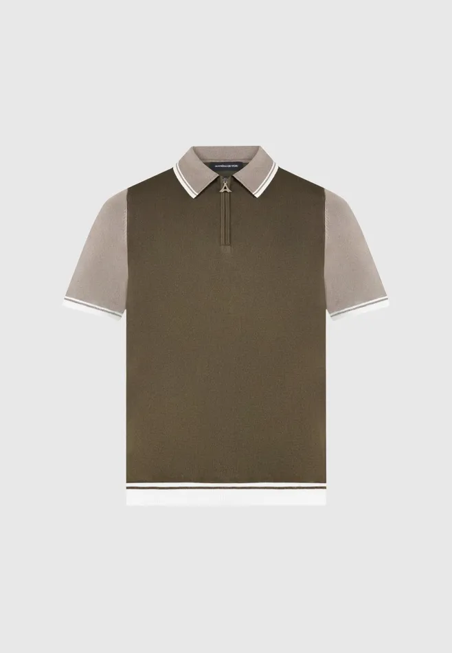 Men Manire De Voir Colour Block Zip Polo Shirt Khaki