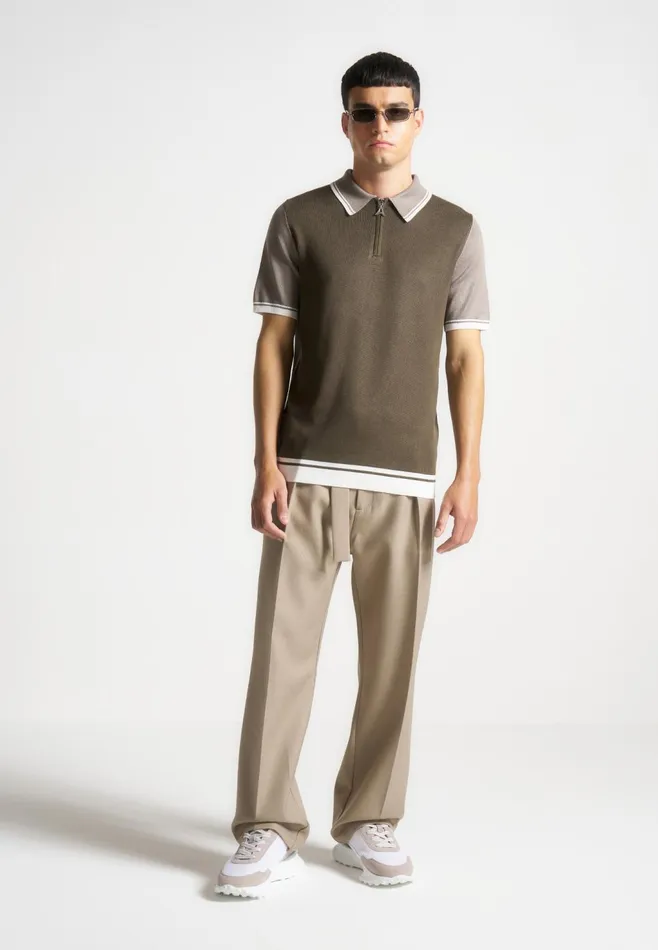 Men Manire De Voir Colour Block Zip Polo Shirt Khaki