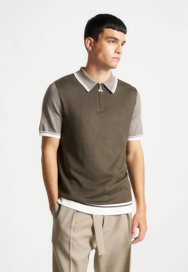Men Manire De Voir Colour Block Zip Polo Shirt Khaki