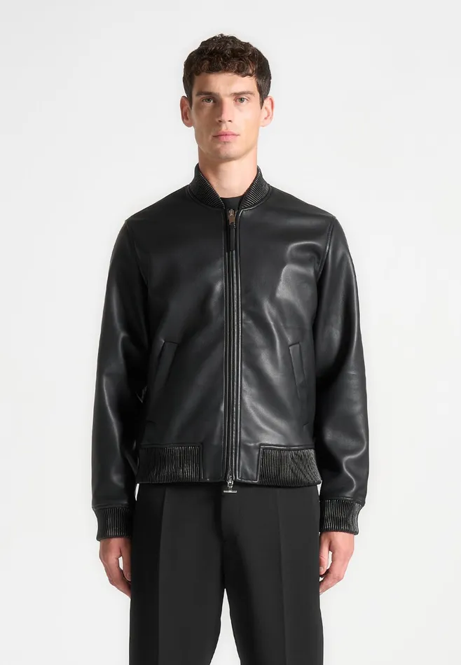 Men Manire De Voir Leather Bomber Jacket Black