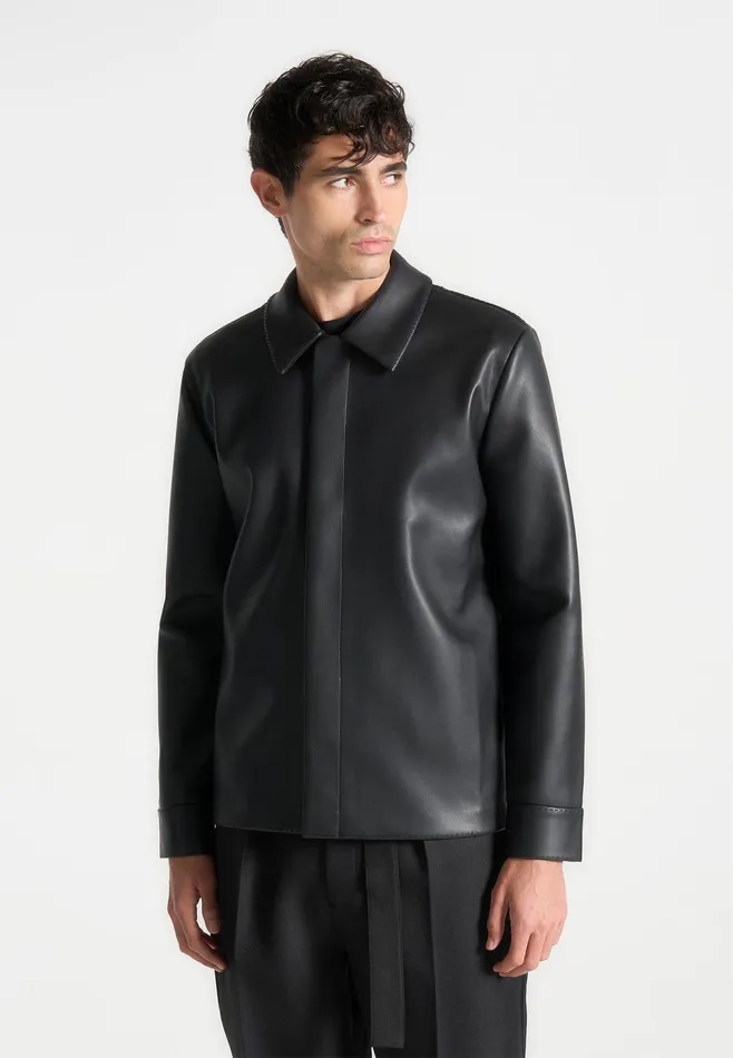 Men Manire De Voir Minimal Leather Shirt Black
