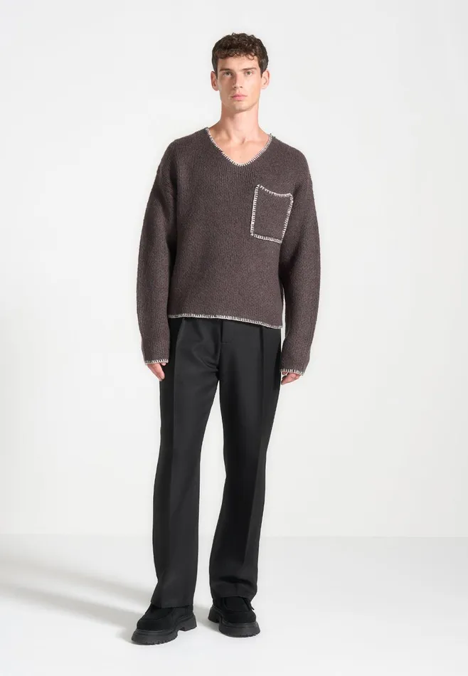 Men Manire De Voir Mohair Knit Whipstitch V Neck Jumper Brown