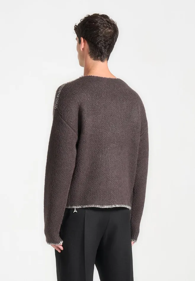 Men Manire De Voir Mohair Knit Whipstitch V Neck Jumper Brown