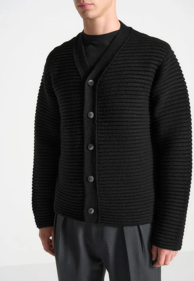 Men Manire De Voir Ribbed Knit Cardigan Black