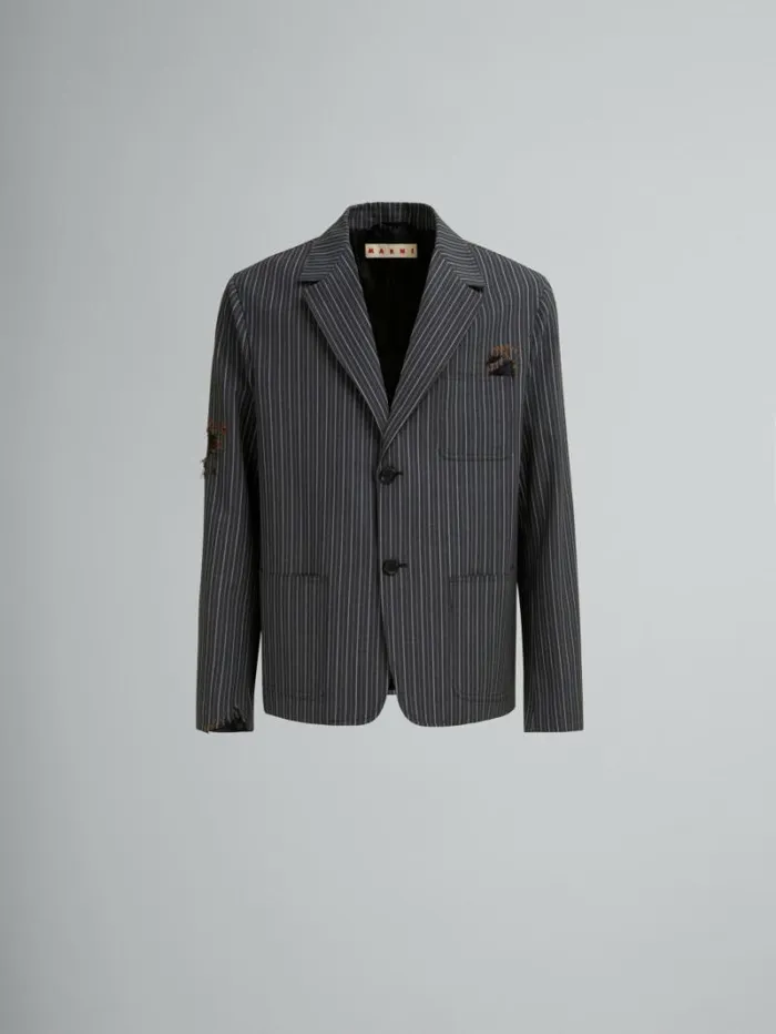 Men Marni Coats and Jackets Black Pinstripe Wool Blazer With Marni Mending Embroidery