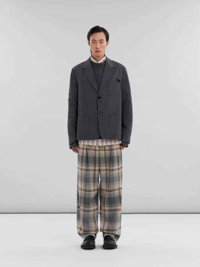 Men Marni Coats and Jackets Black Pinstripe Wool Blazer With Marni Mending Embroidery