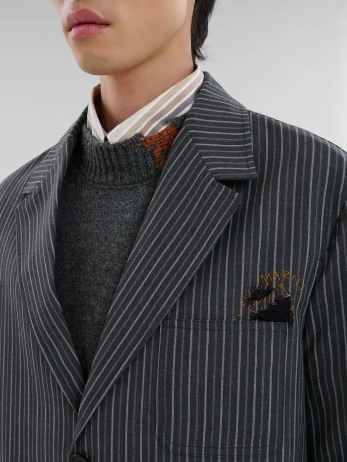 Men Marni Coats and Jackets Black Pinstripe Wool Blazer With Marni Mending Embroidery