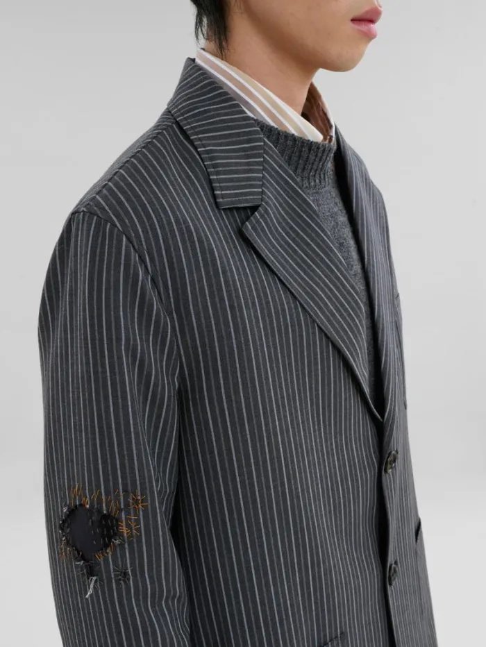 Men Marni Coats and Jackets Black Pinstripe Wool Blazer With Marni Mending Embroidery