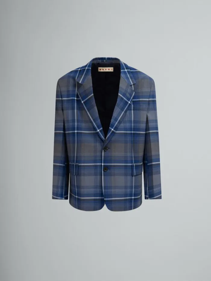 Men Marni Coats and Jackets Blue Checked Wool Blazer With Marni Mending