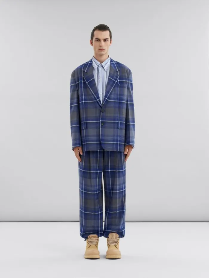 Men Marni Coats and Jackets Blue Checked Wool Blazer With Marni Mending