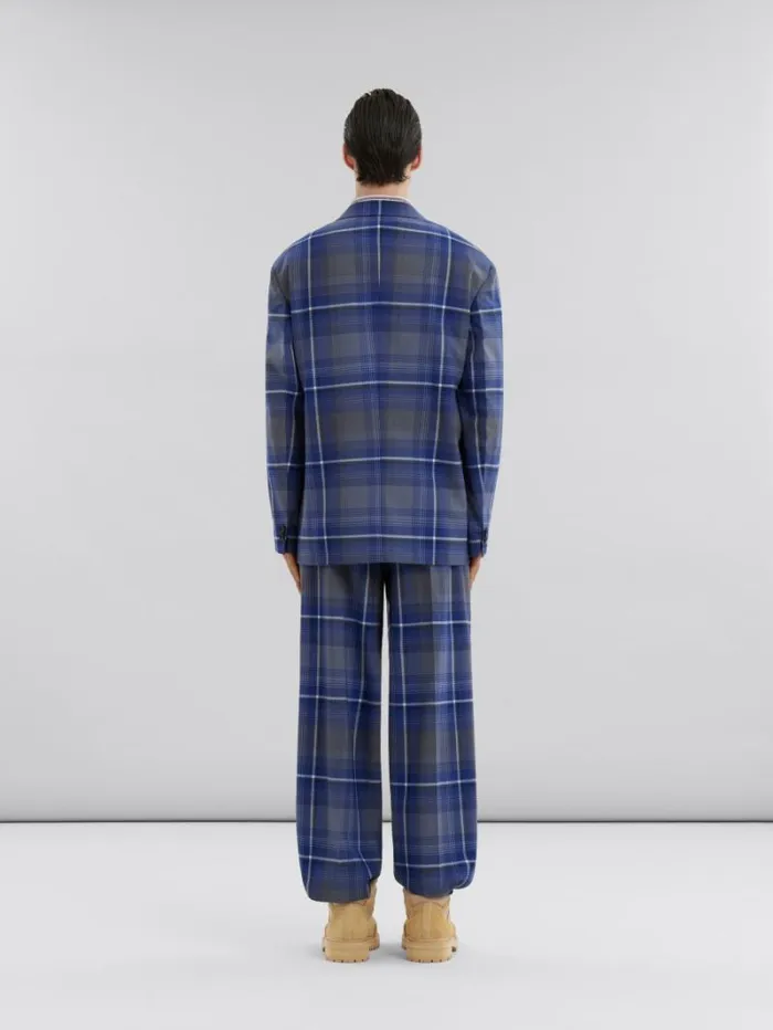 Men Marni Coats and Jackets Blue Checked Wool Blazer With Marni Mending