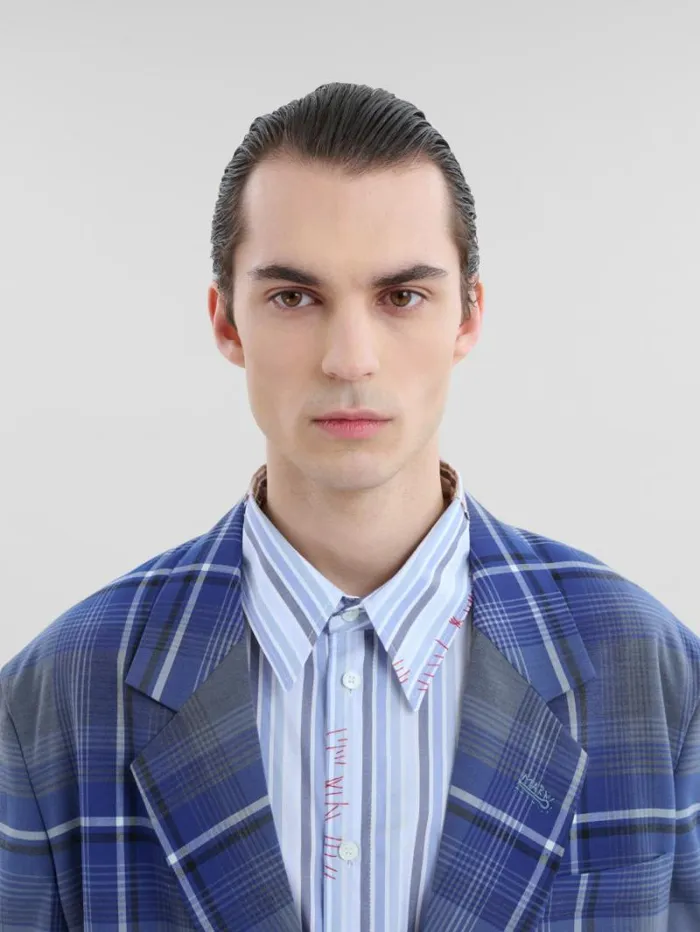 Men Marni Coats and Jackets Blue Checked Wool Blazer With Marni Mending