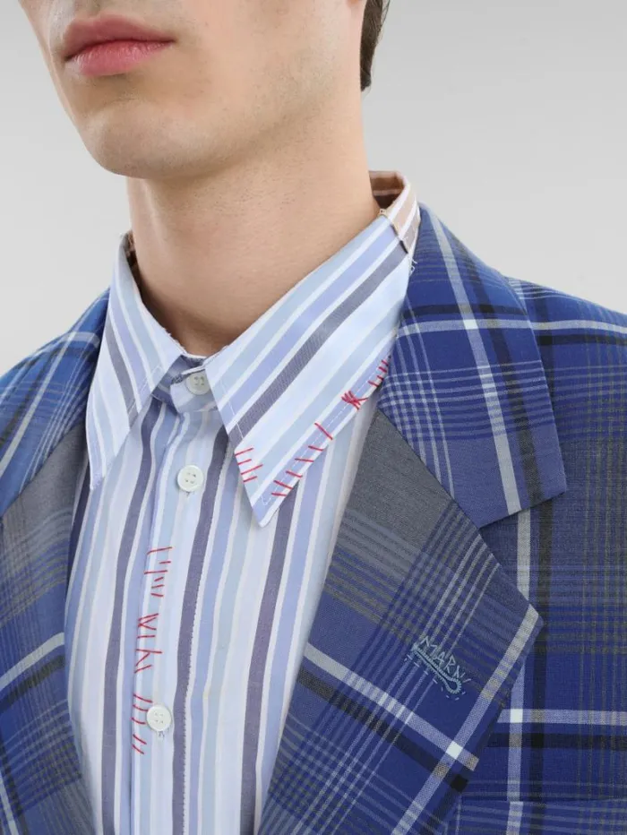 Men Marni Coats and Jackets Blue Checked Wool Blazer With Marni Mending