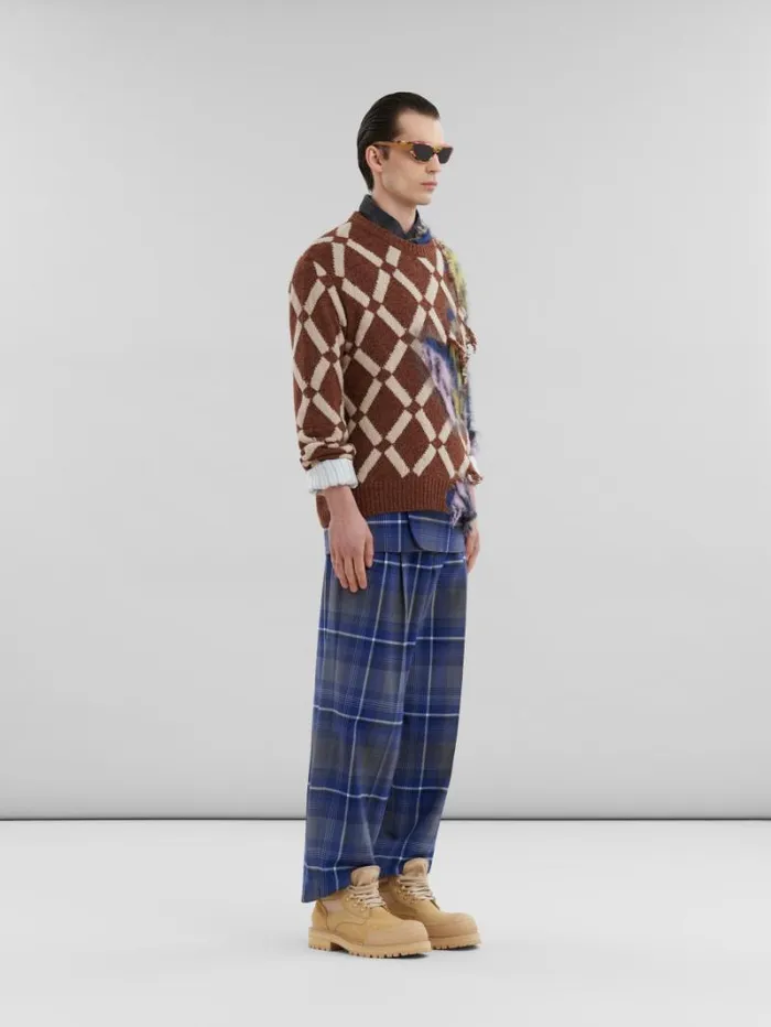 Men Marni Coats and Jackets Blue Checked Wool Blazer With Marni Mending
