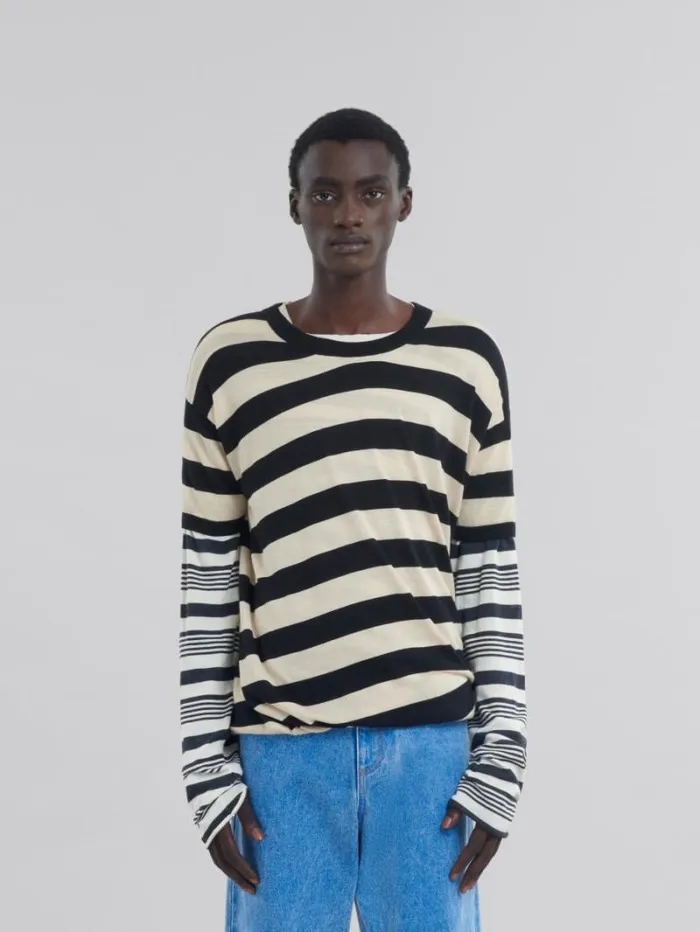 Men Marni Knitwear Black And White Layered Cotton CrewNeck With Contrast Stripes