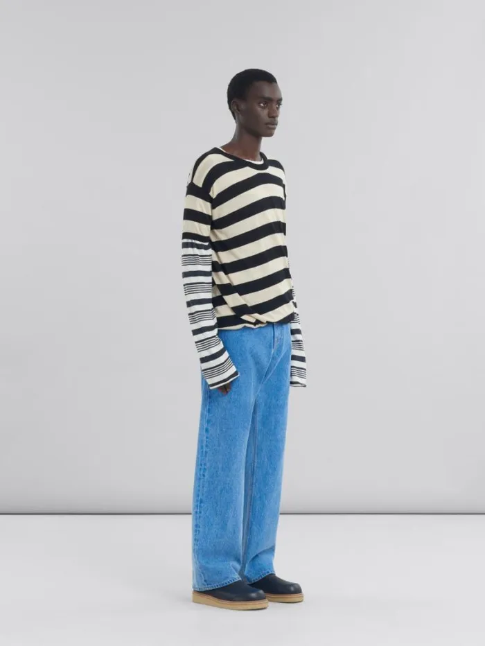 Men Marni Knitwear Black And White Layered Cotton CrewNeck With Contrast Stripes