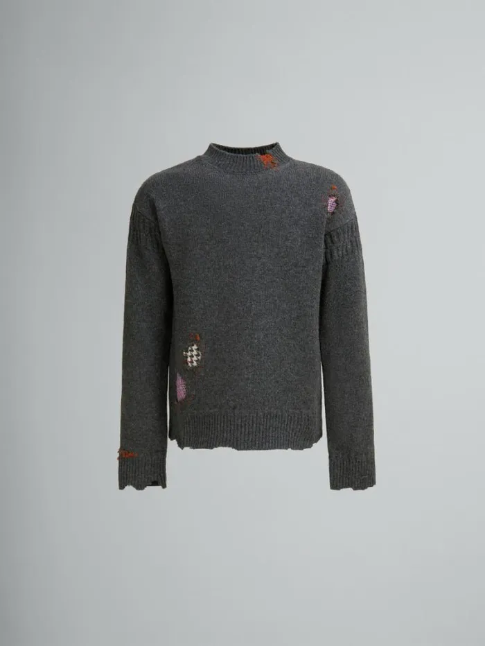 Men Marni Knitwear Grey Shetland Wool Jumper With Marni Mending Embroidery