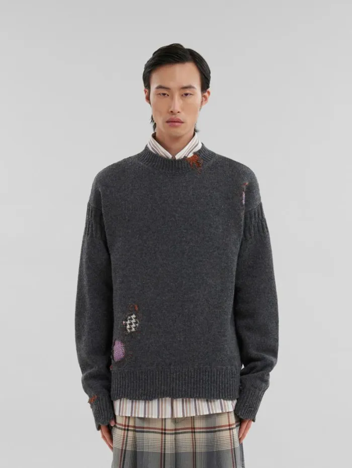 Men Marni Knitwear Grey Shetland Wool Jumper With Marni Mending Embroidery
