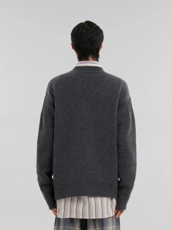 Men Marni Knitwear Grey Shetland Wool Jumper With Marni Mending Embroidery