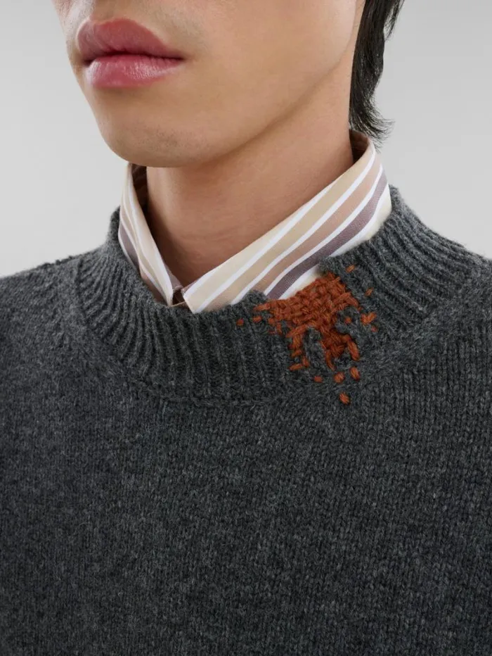 Men Marni Knitwear Grey Shetland Wool Jumper With Marni Mending Embroidery