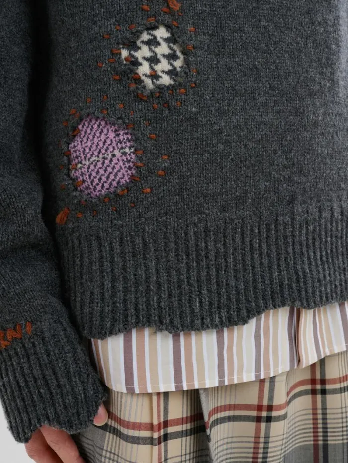 Men Marni Knitwear Grey Shetland Wool Jumper With Marni Mending Embroidery