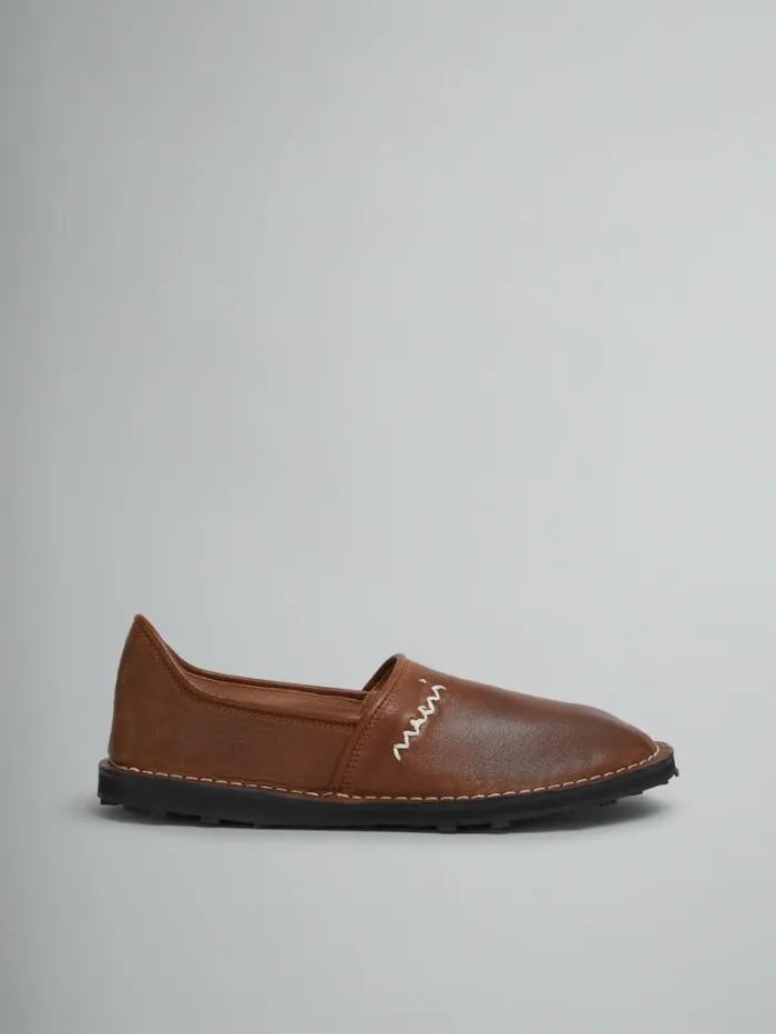 Men Marni Lace Up and Loafers Brown Leather SlipOn Loafer With Marni Symbol