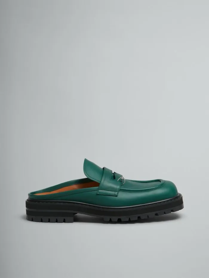 Men Marni Lace Up and Loafers Green Leather Piercing 20 Chunky Sabot Loafer