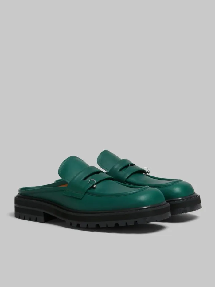 Men Marni Lace Up and Loafers Green Leather Piercing 20 Chunky Sabot Loafer