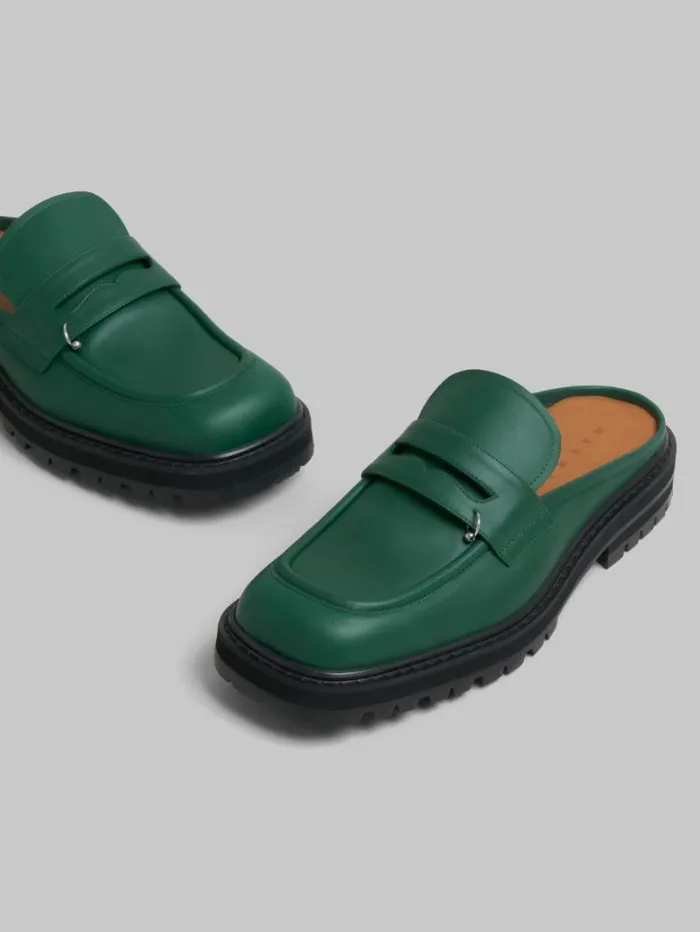 Men Marni Lace Up and Loafers Green Leather Piercing 20 Chunky Sabot Loafer