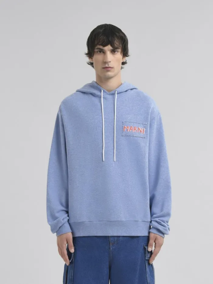 Men Marni Sweatshirts Light Blue Melange Cotton Hoodie With Marni Patch