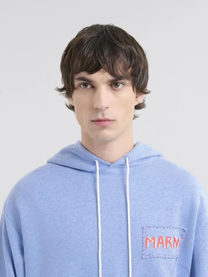Men Marni Sweatshirts Light Blue Melange Cotton Hoodie With Marni Patch