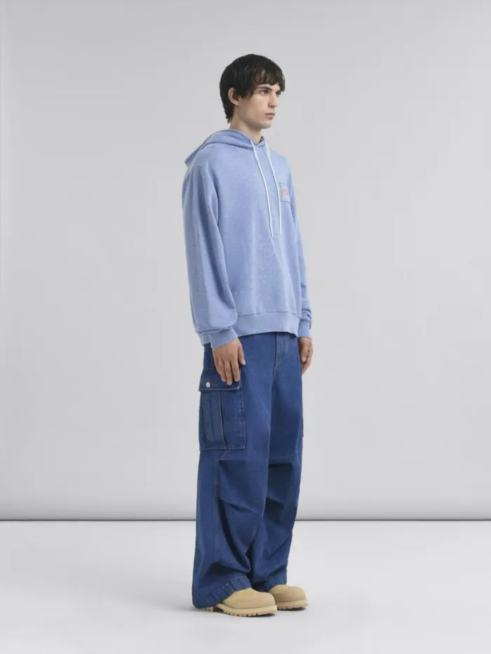 Men Marni Sweatshirts Light Blue Melange Cotton Hoodie With Marni Patch