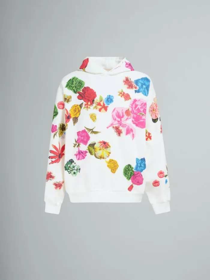 Men Marni Sweatshirts White Cotton Hoodie With Flower Prints