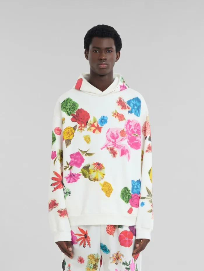 Men Marni Sweatshirts White Cotton Hoodie With Flower Prints